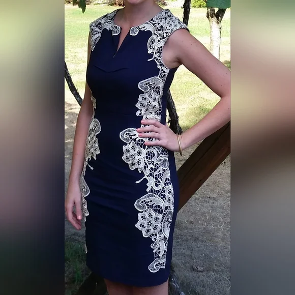 London Dress Company Dresses | London Dress Company Navy Cream Lace Cap Sleeve Knee Length Dress, Size 10 | Color: Blue/Cream | Size: 10 |